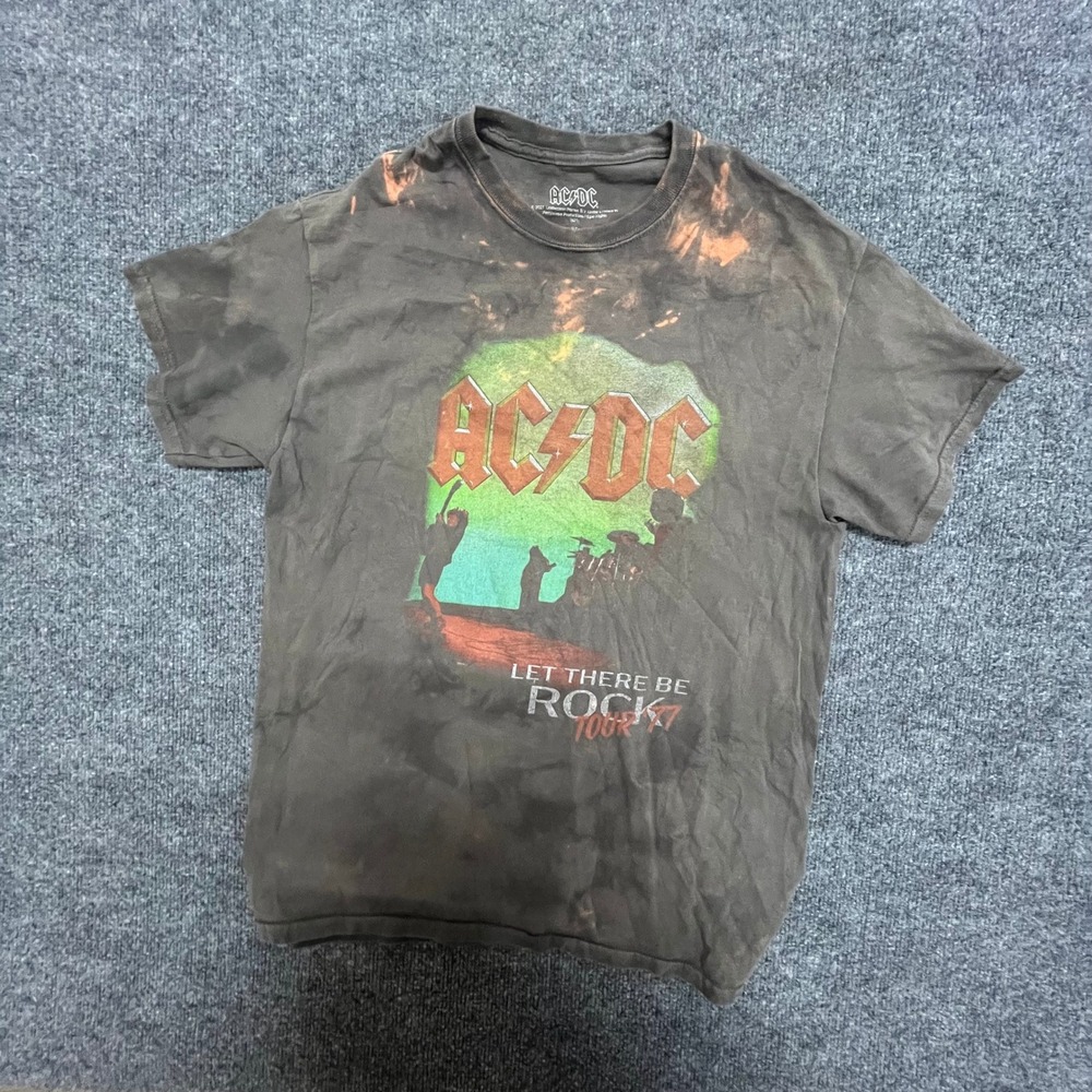 AC/DC T-Shirt Mens Size S Black Bleach Tie Dye Let There Be Rock Tour 77 Graphic